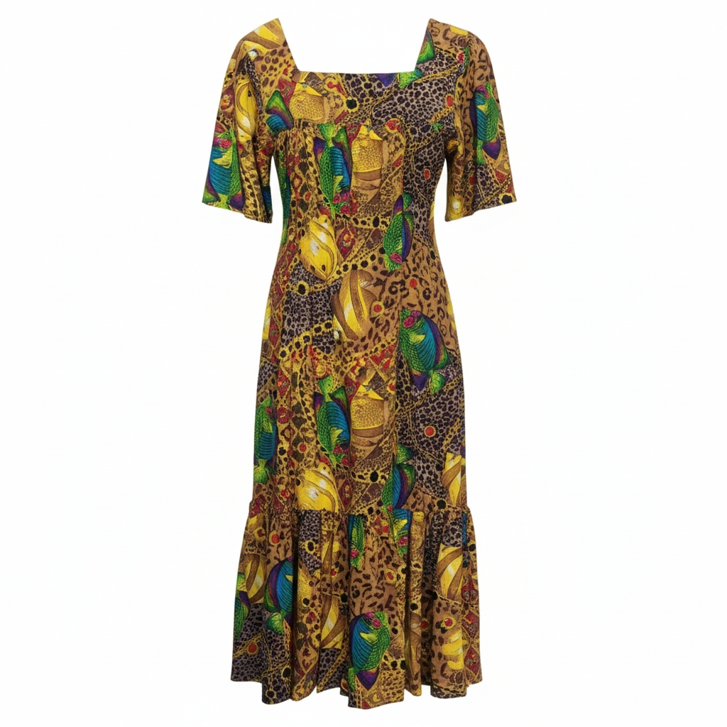 80s Vintage Mumu Phases Tropical Safari Cotton Maxi Dress Size XL, Mrs Roper Costume