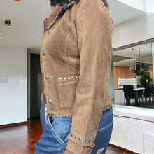 Load image into Gallery viewer, 90s Vintage Suede Leather CowGirl Jacket Studded and Fringe Leather Jackets Saguaro West Suede Jacket Lucille Golden Vintage 