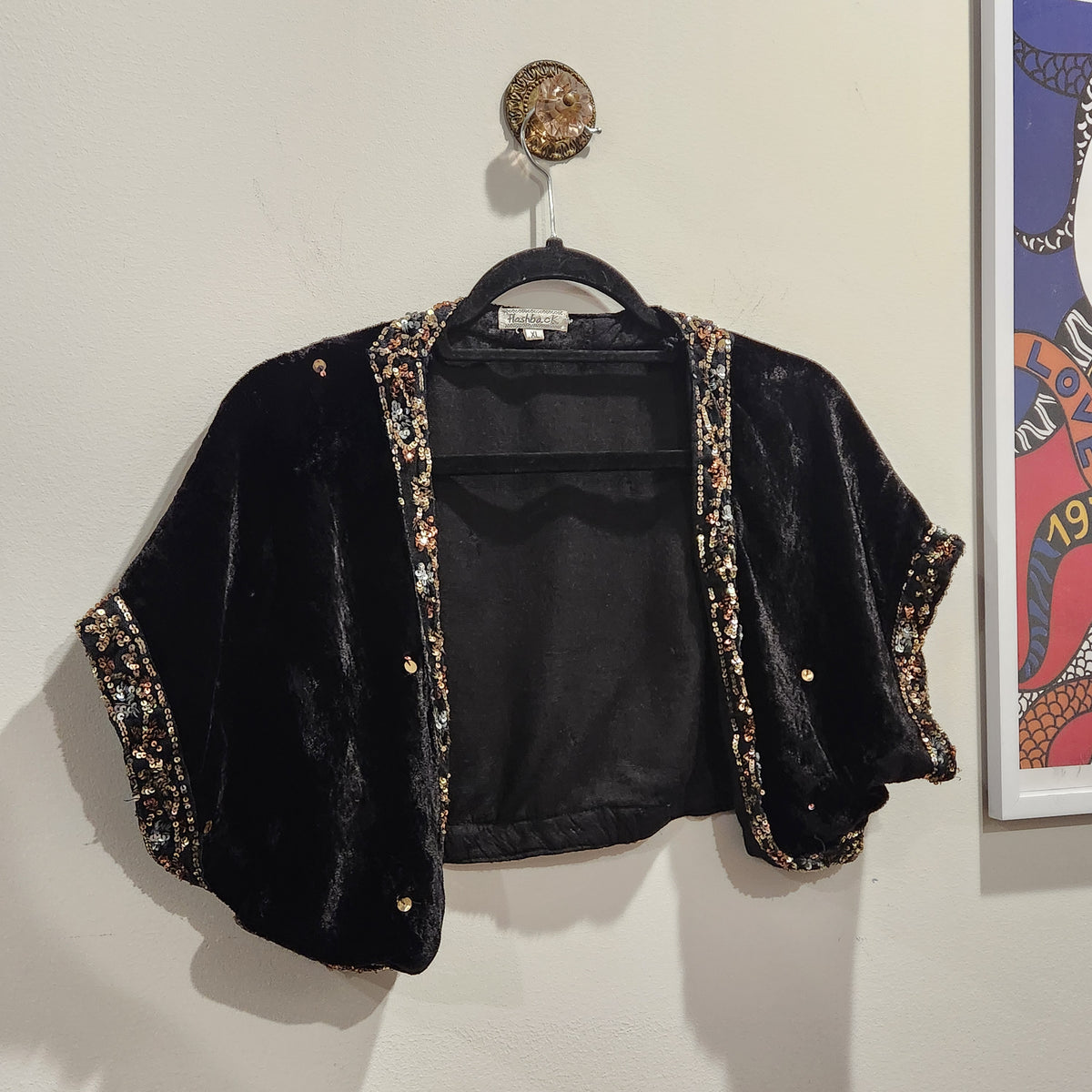 Flashback Black Velvet Sequin-Trim Cropped Evening Jacket XL