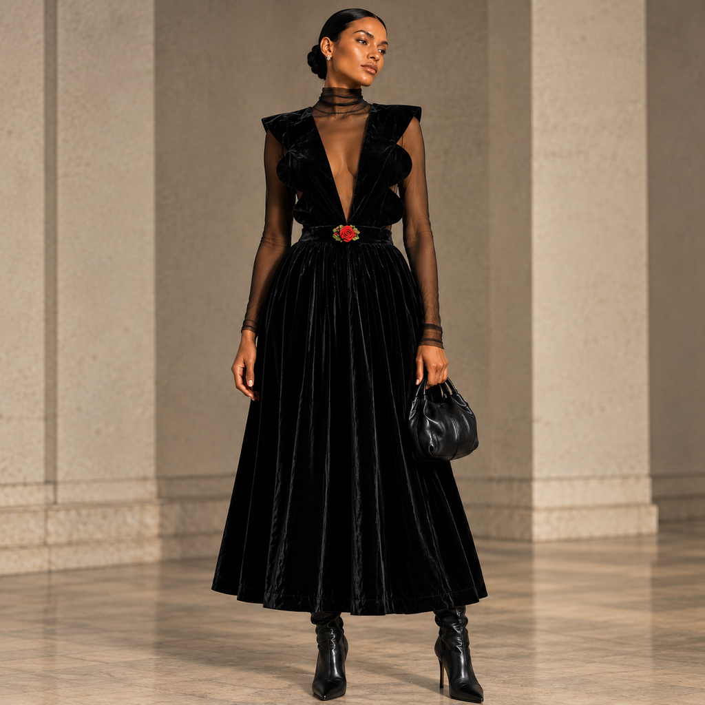Vintage Harold Square Sculptural Black Velvet Jumper Dress with Rose Detail