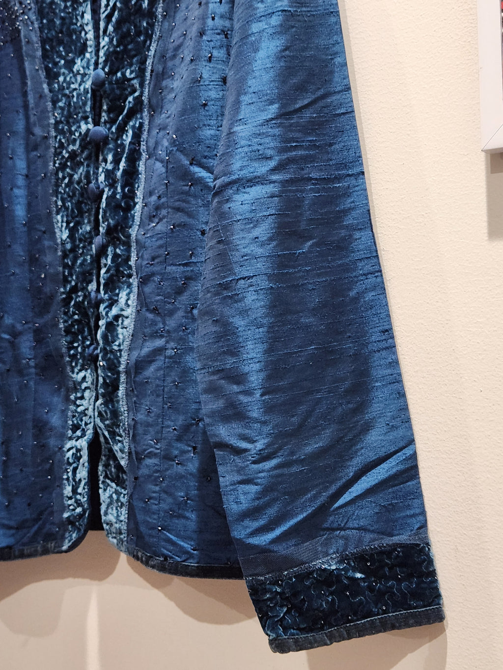 Chico's Blue 100% Silk Beaded Velvet-Trim Jacket Size 2
