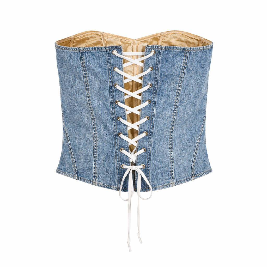 90s Vintage Denim Corset Bustier | Strapless Lace Up Back Denim Top | Size M