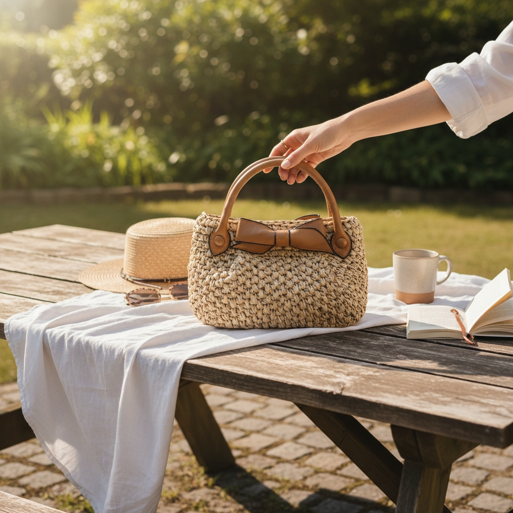 Koret Raffia Straw and Leather Trim Top Handle Bag