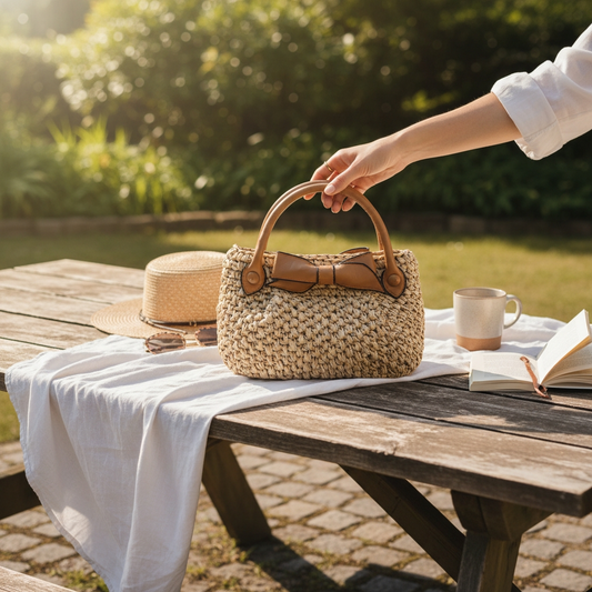 Koret Raffia Straw and Leather Trim Top Handle Bag