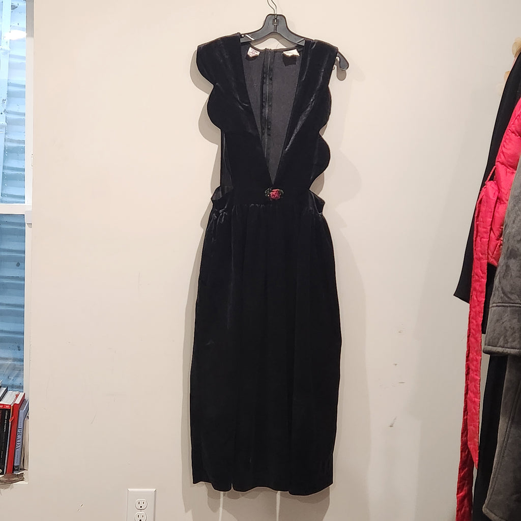 Vintage Harold Square Sculptural Black Velvet Jumper Dress with Rose Detail
