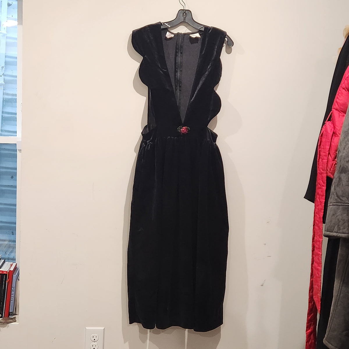 Vintage Harold Square Sculptural Black Velvet Jumper Dress with Rose Detail