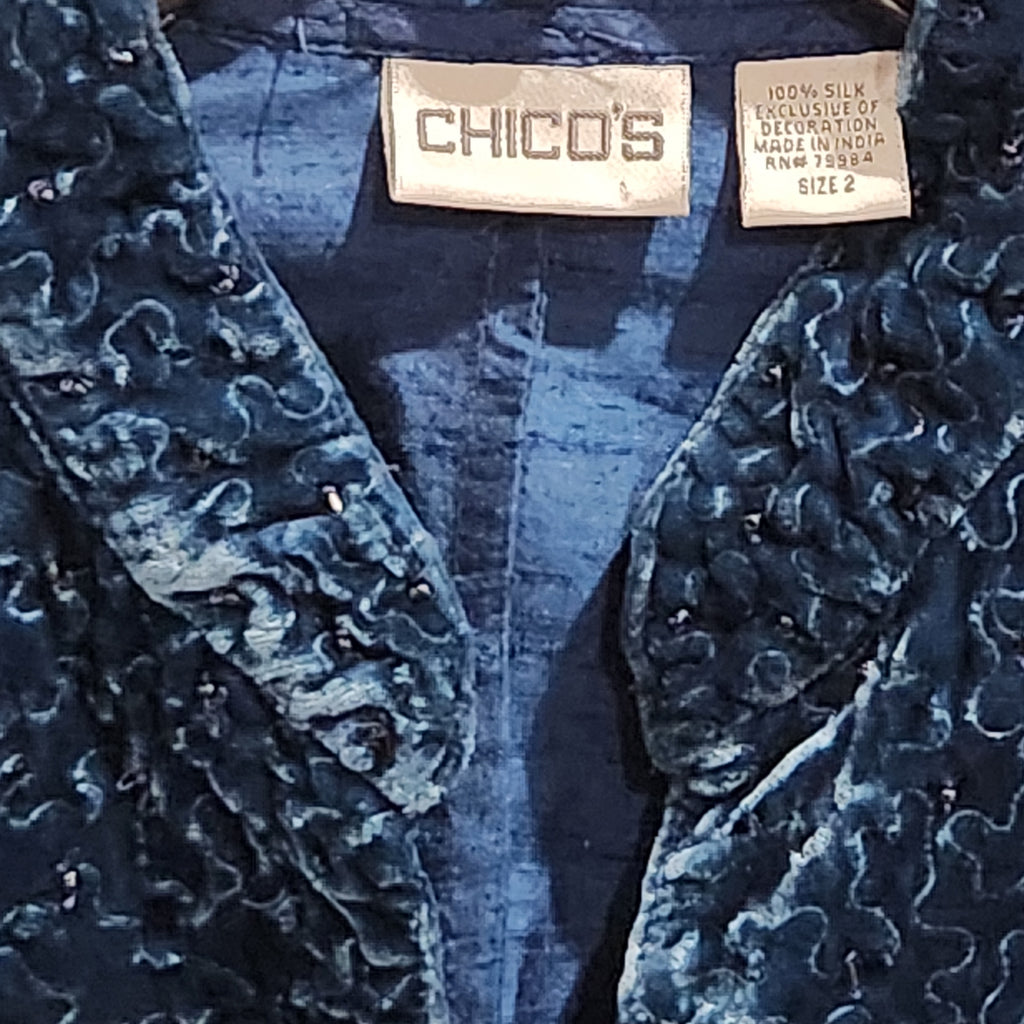 Chico's Blue 100% Silk Beaded Velvet-Trim Jacket Size 2