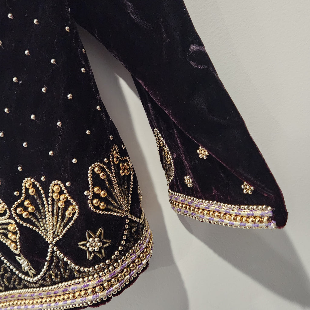 Vintage Black Cherry Velvet Beaded Evening Jacket | Gold Embroidery