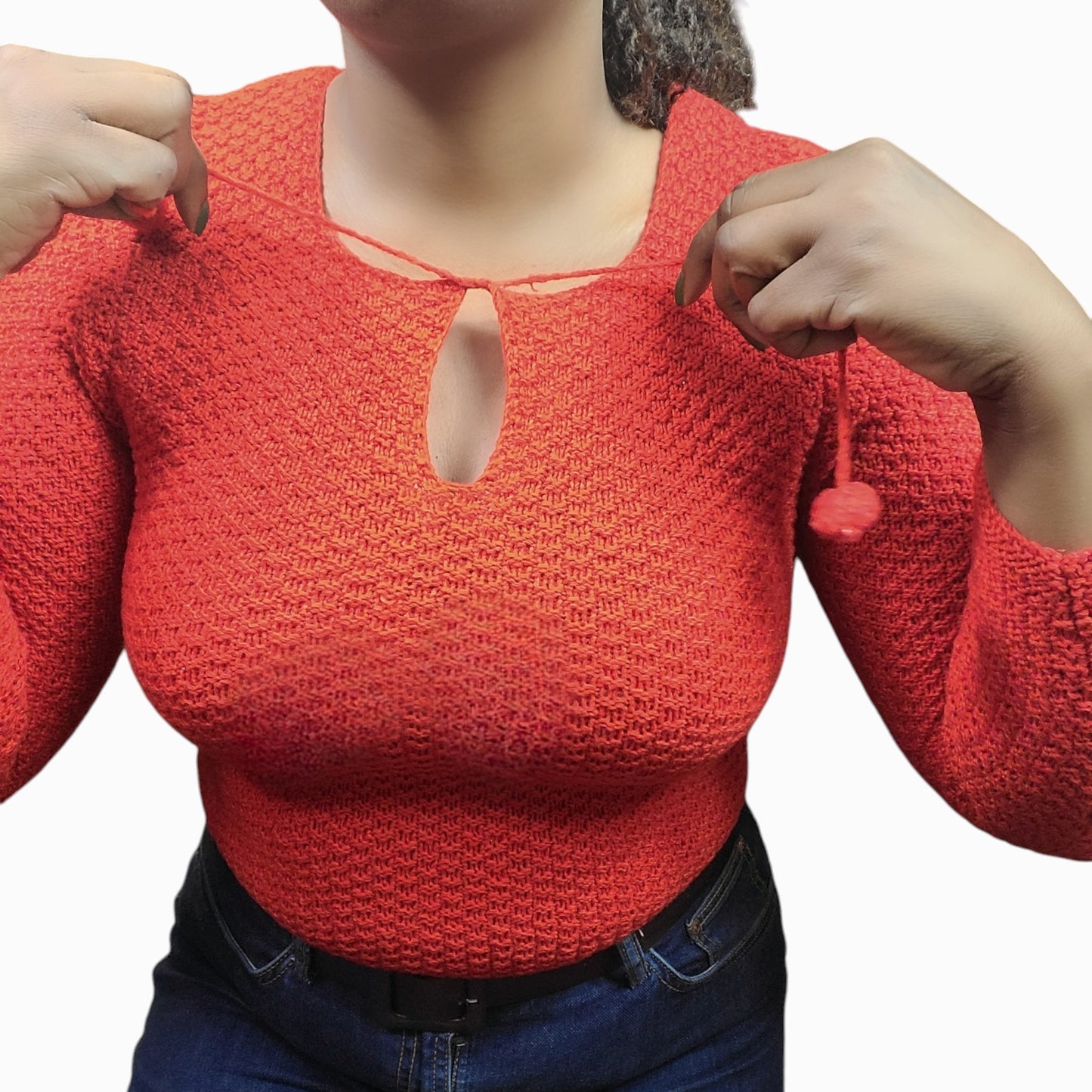 1960s Vintage Hand Made Crochet Red Knit Sweater, Keyhole Size M