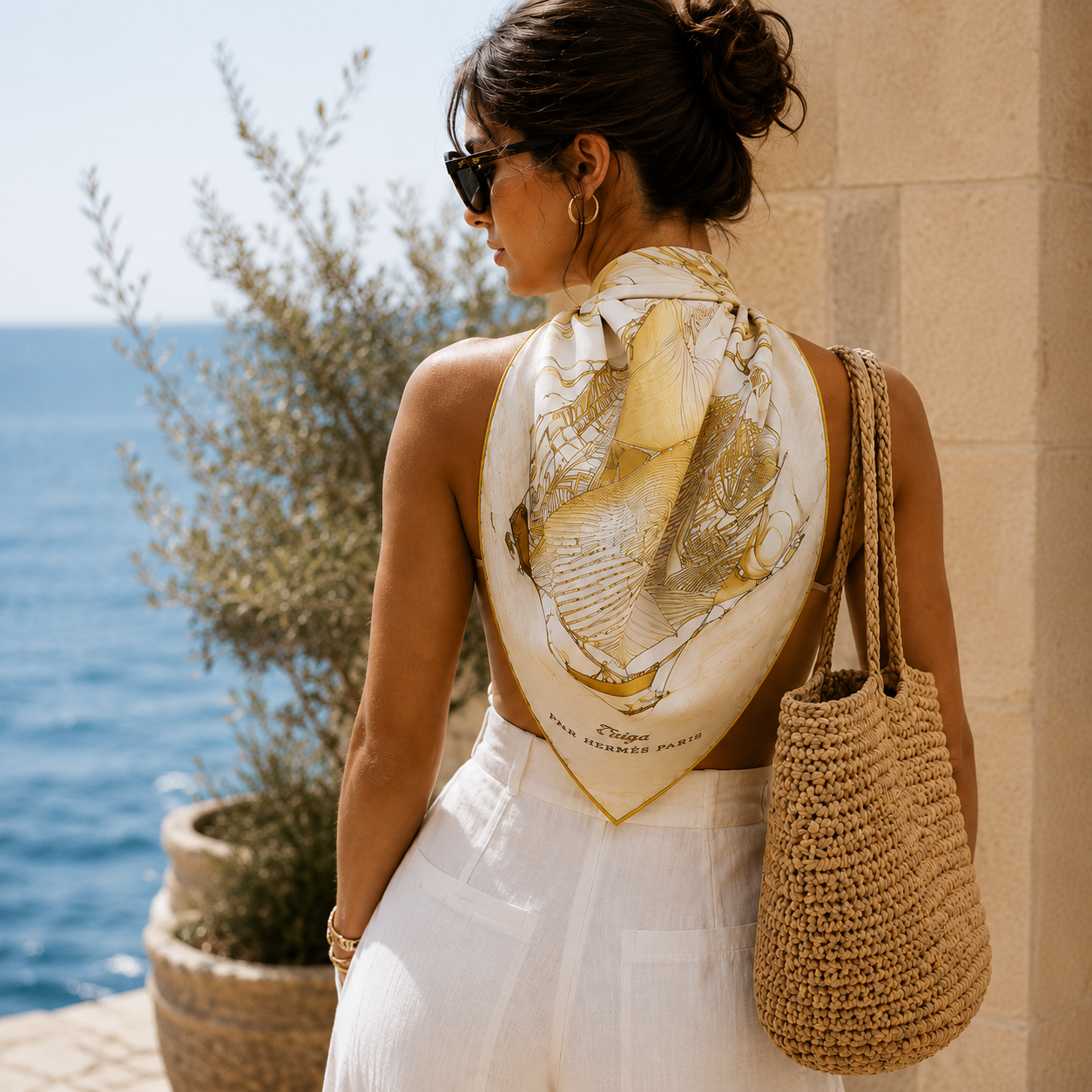 Hermès “Tuiga” Silk Scarf – Gold & Ivory Nautical Print Vintage Hermès “Tuiga” Silk Scarf by Dominik A. Jarlegant