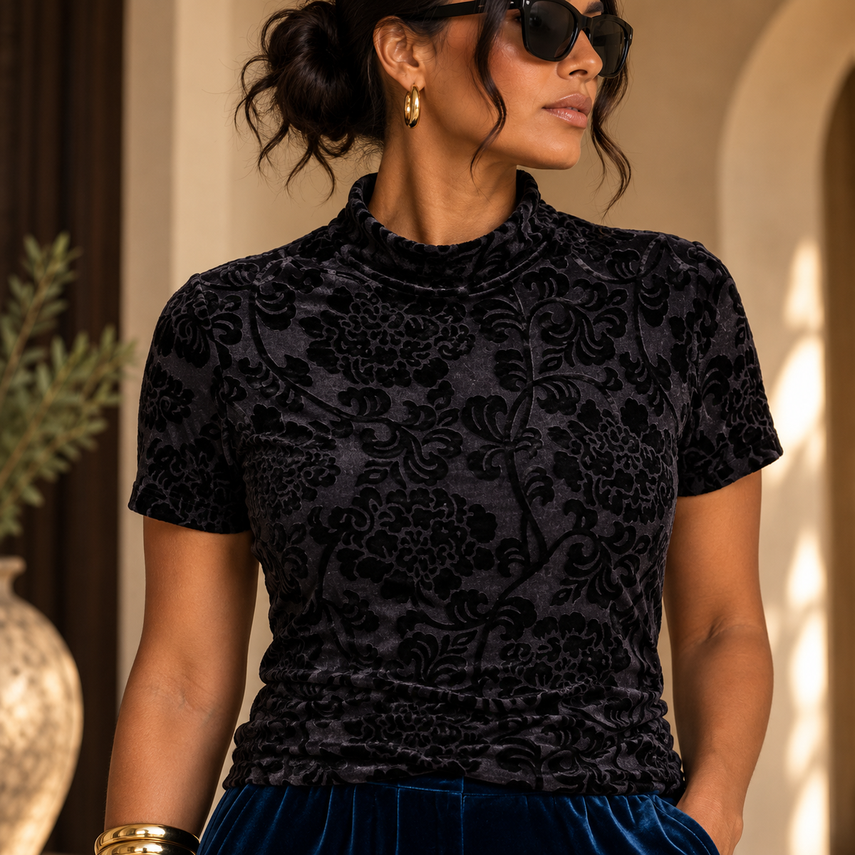 Vintage Casual Corner Black Floral Burnout Velvet Mock Neck Top