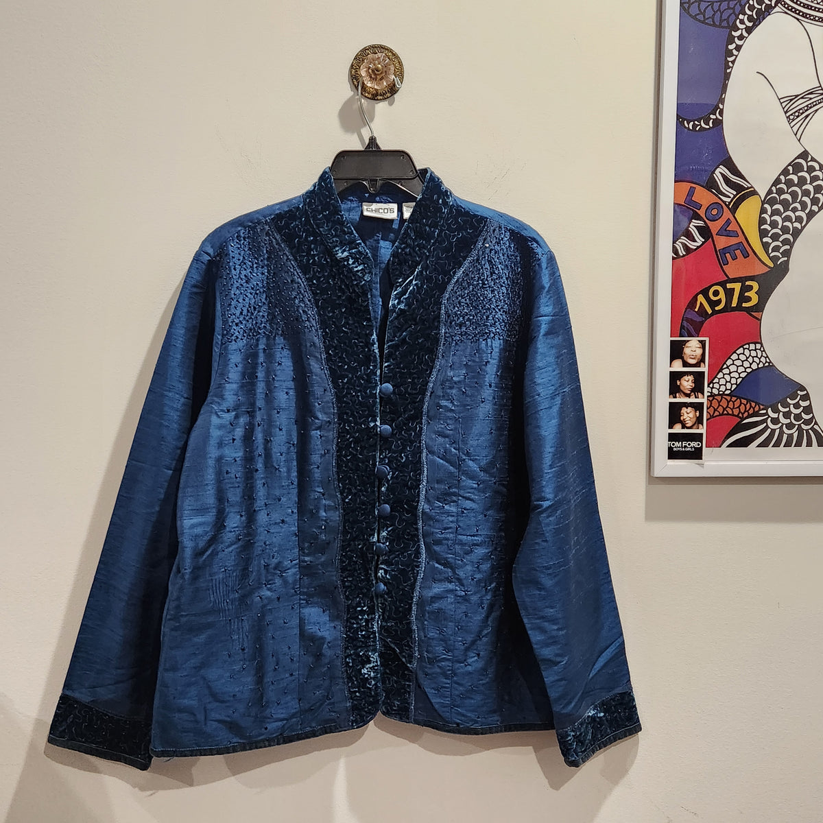 Chico's Blue 100% Silk Beaded Velvet-Trim Jacket Size 2