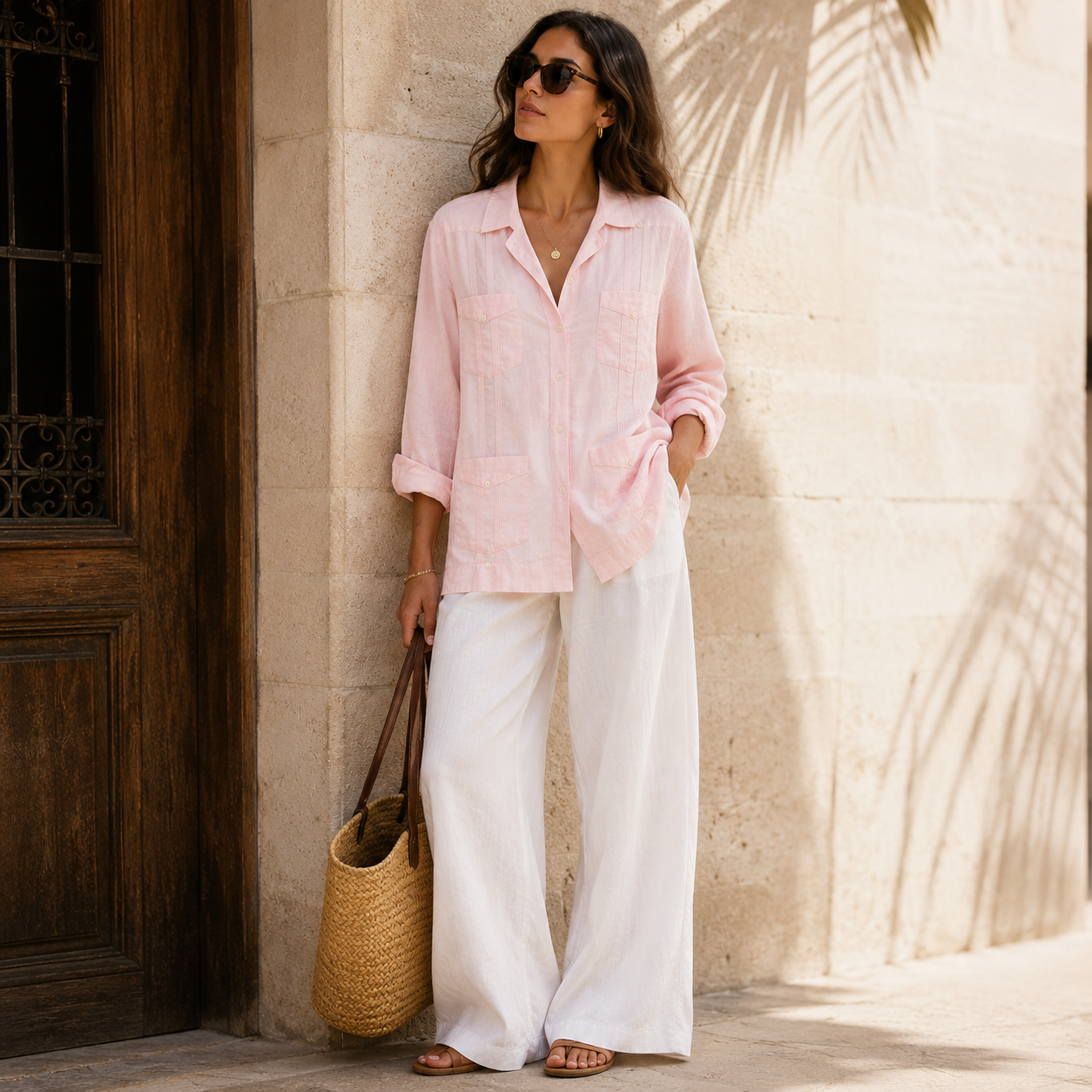 Vintage Givenchy Men Pale Pink Linen Guayabera Shirt Size L