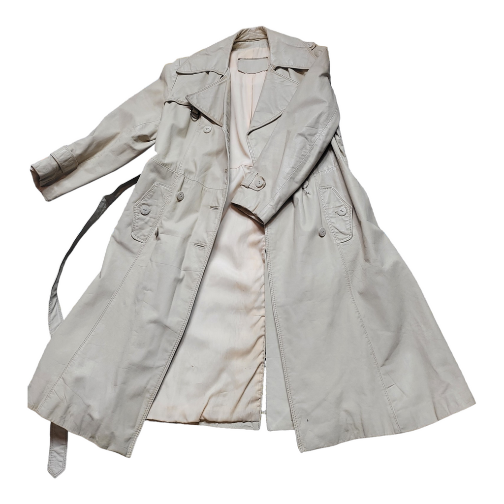 70s Vintage Leather Trenchcoats Bone Belted Leather Trench Coat Size M