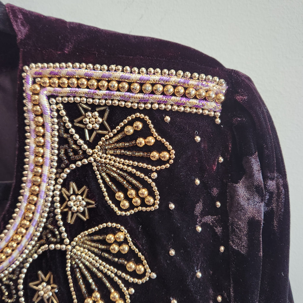 Vintage Black Cherry Velvet Beaded Evening Jacket | Gold Embroidery