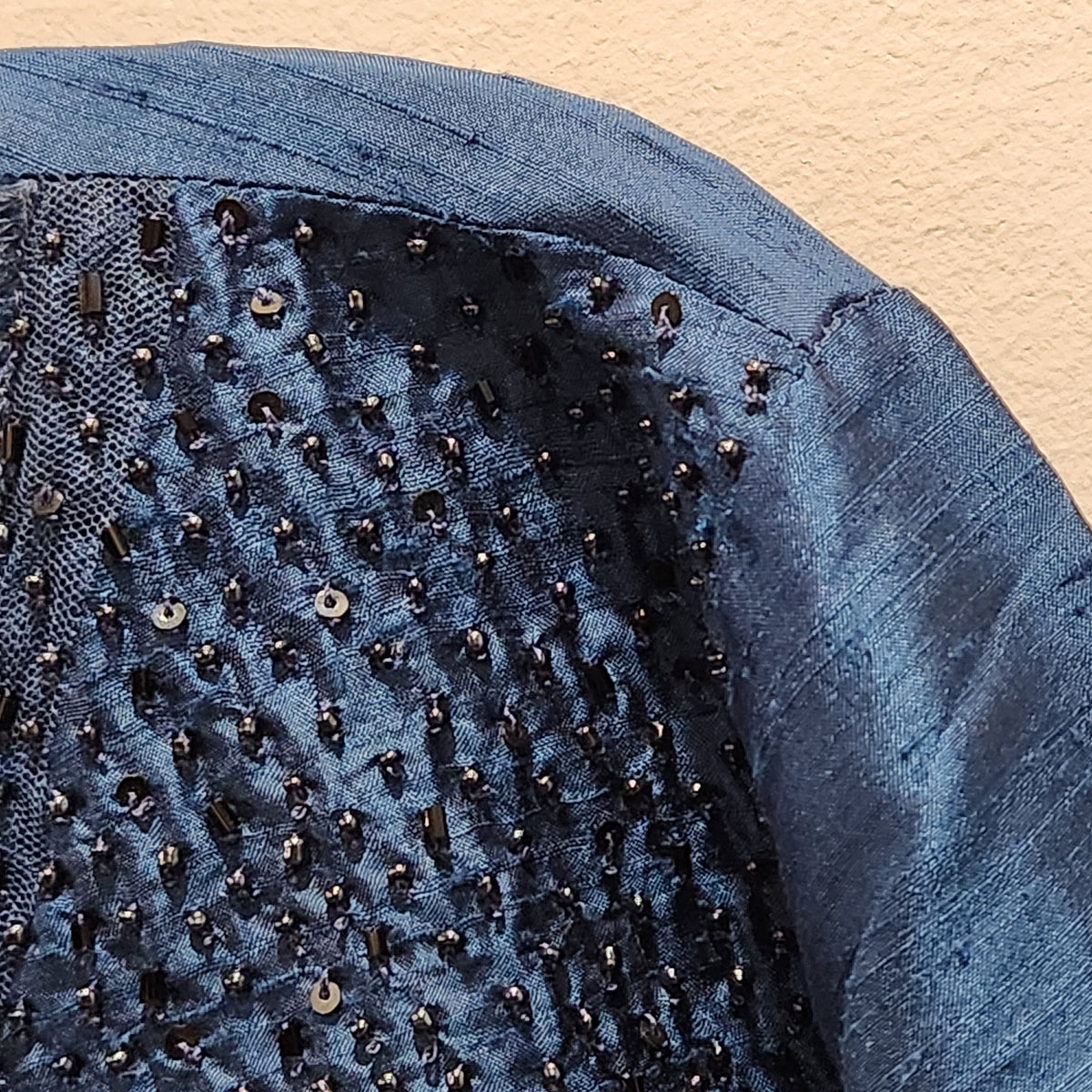 Chico's Blue 100% Silk Beaded Velvet-Trim Jacket Size 2