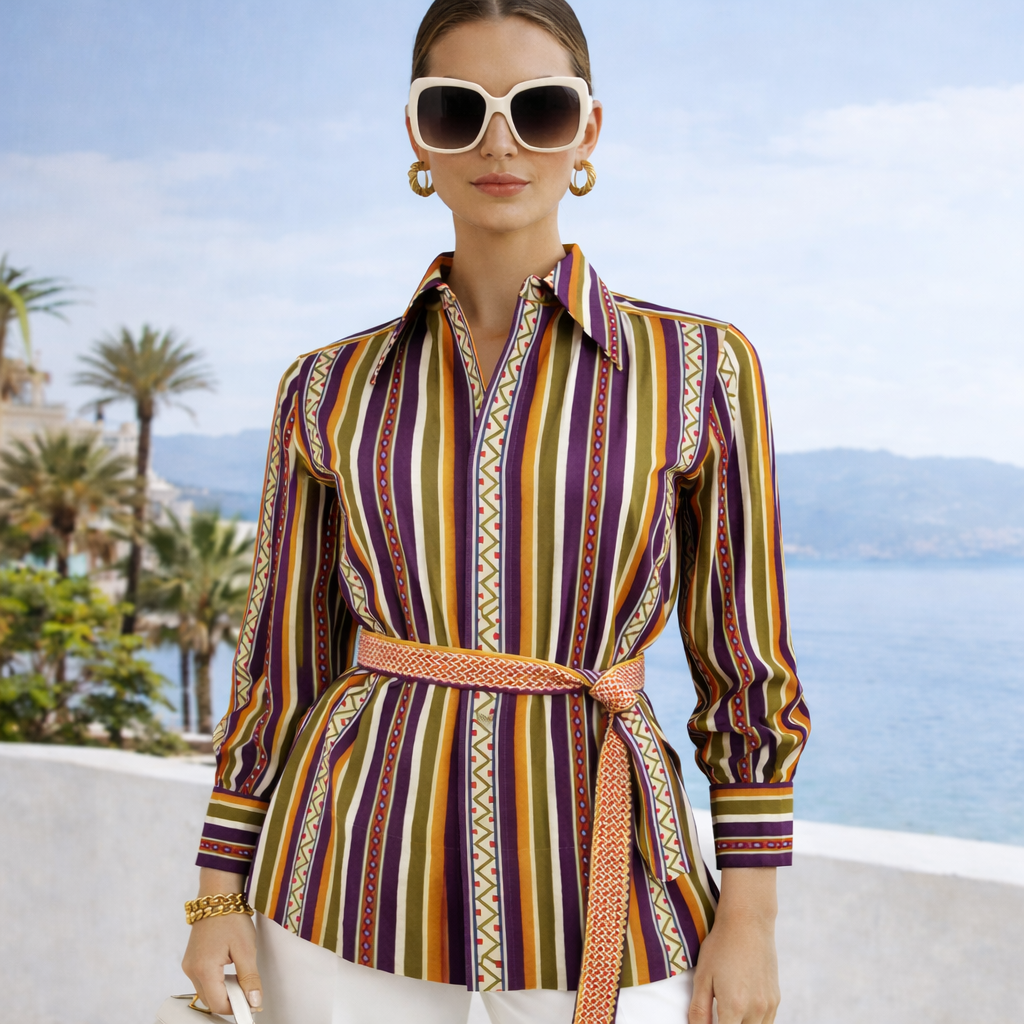 70s Beene Bazaar Vintage Geoffrey Beene “BEENE” Graphic Stripe Belted Tunic Shirt  size 12