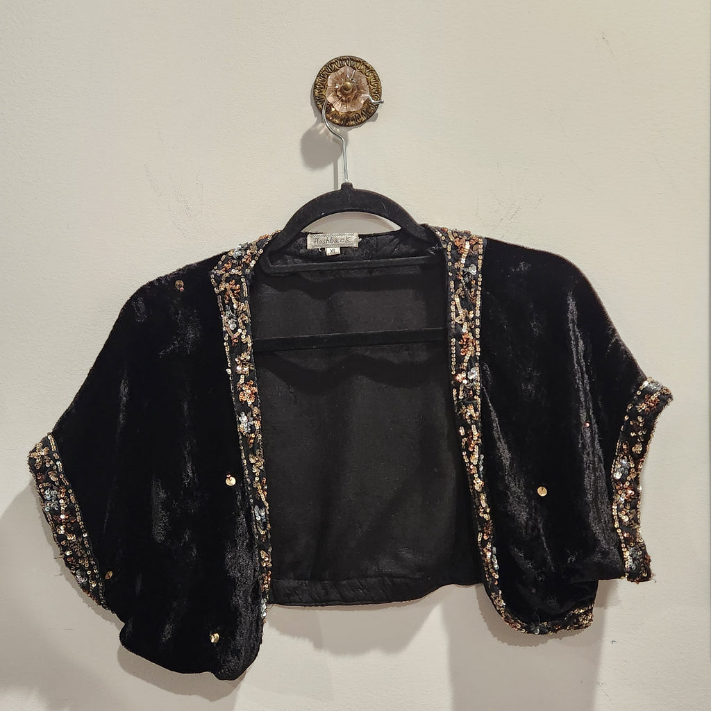 Flashback Black Velvet Sequin-Trim Cropped Evening Jacket XL
