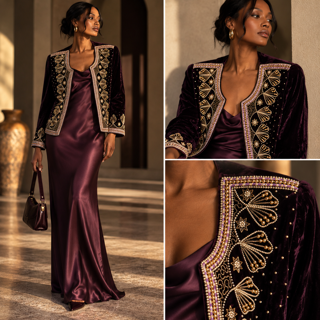 Vintage Black Cherry Velvet Beaded Evening Jacket | Gold Embroidery