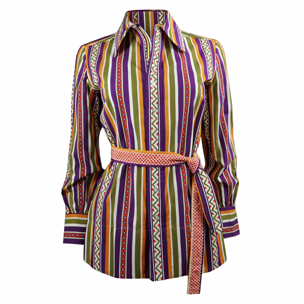 70s Beene Bazaar Vintage Geoffrey Beene “BEENE” Graphic Stripe Belted Tunic Shirt  size 12