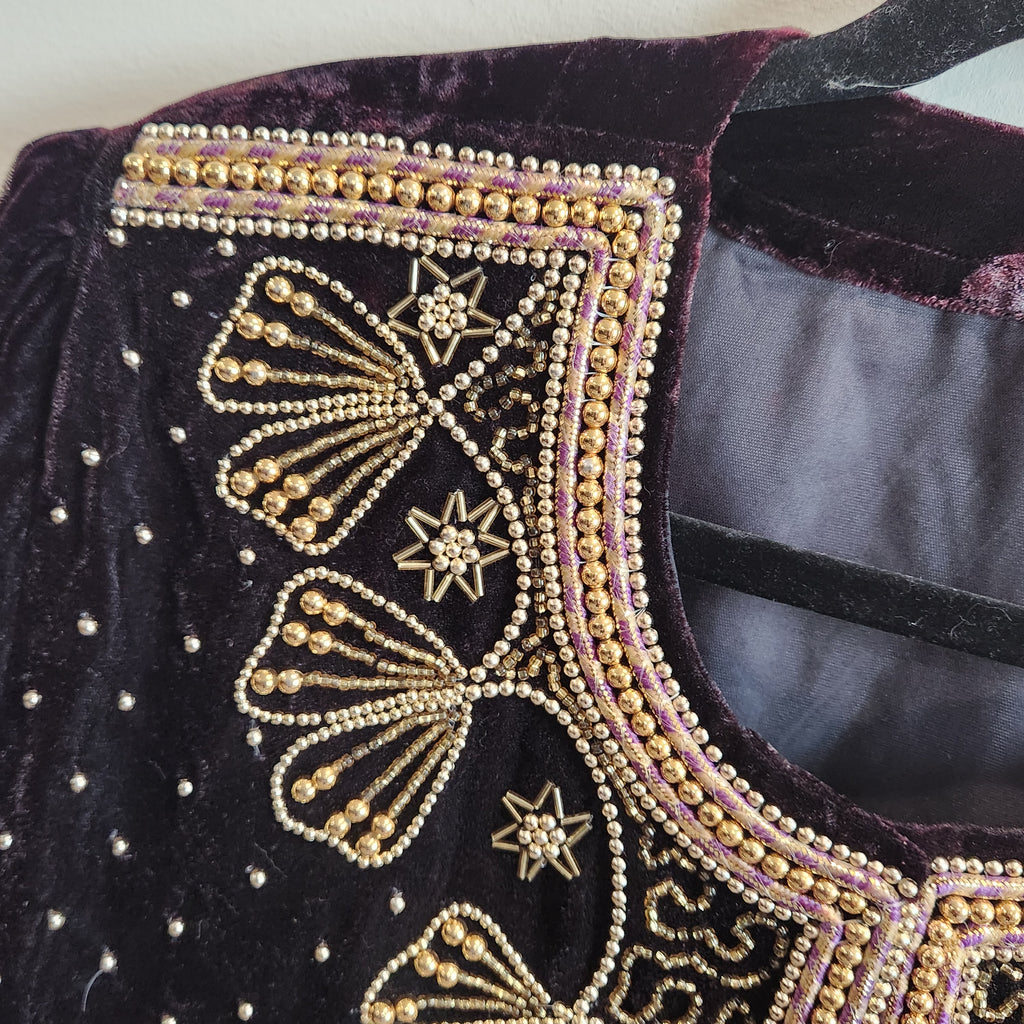 Vintage Black Cherry Velvet Beaded Evening Jacket | Gold Embroidery
