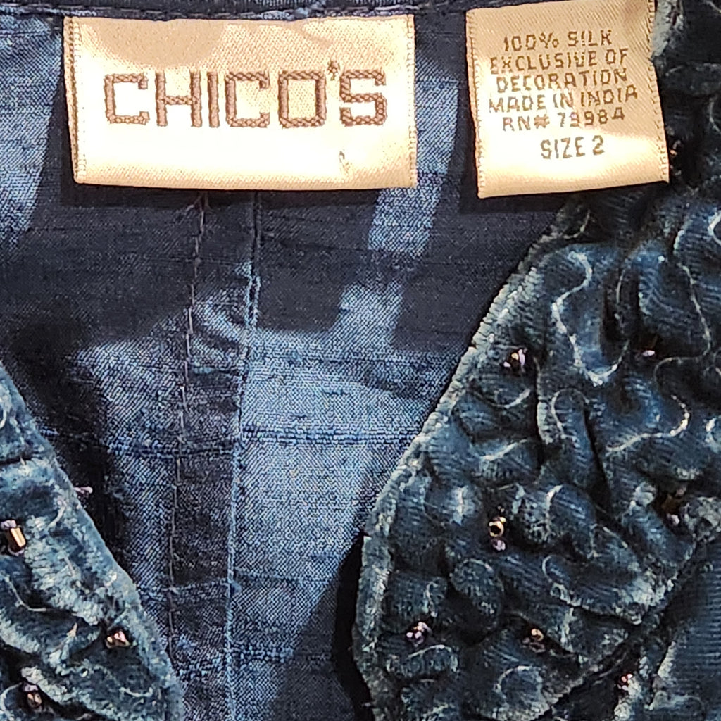 Chico's Blue 100% Silk Beaded Velvet-Trim Jacket Size 2