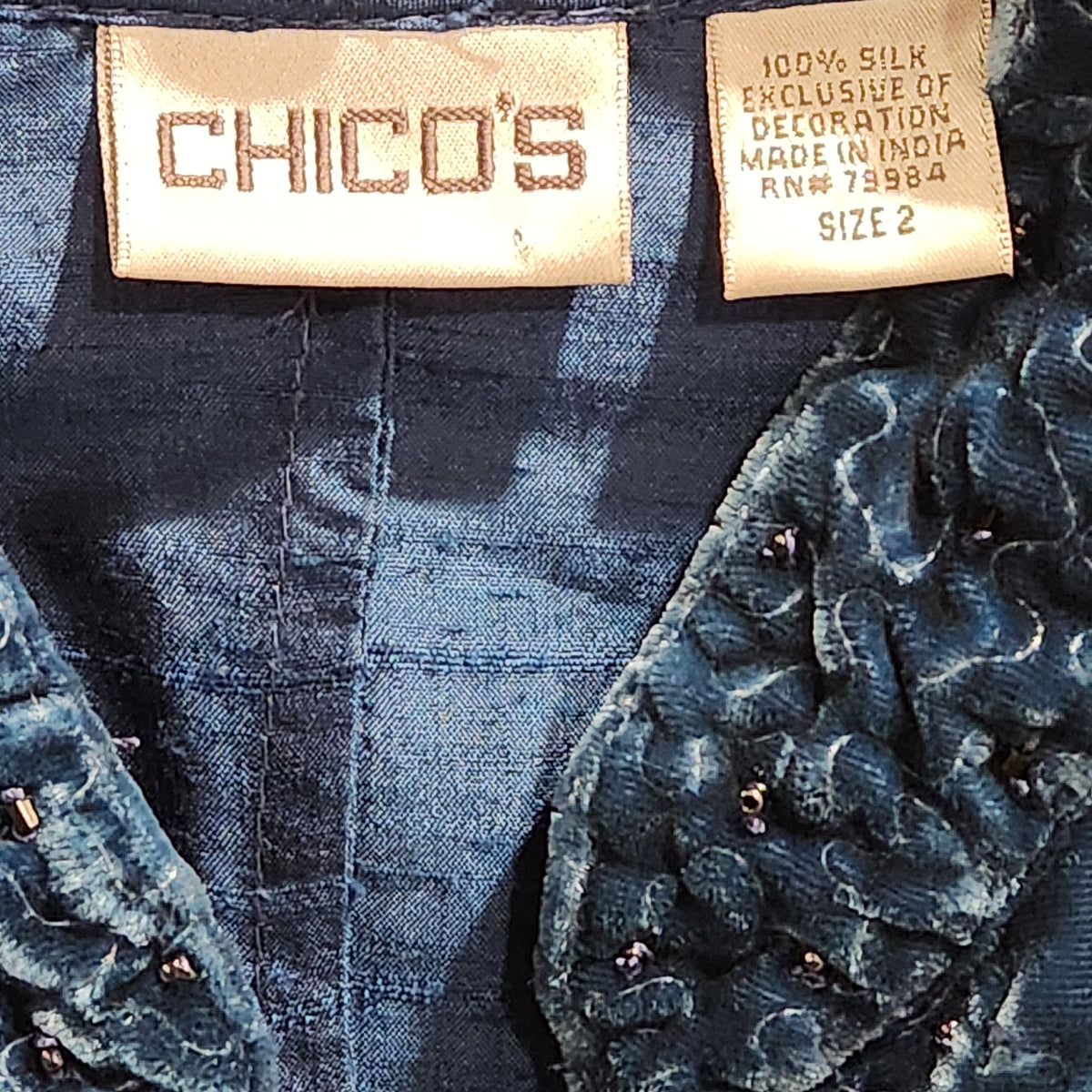 Chico's Blue 100% Silk Beaded Velvet-Trim Jacket Size 2
