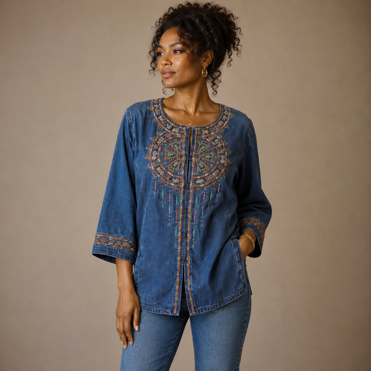 Bob Mackie Wearable Art Embroidered Denim Button Down Shirt