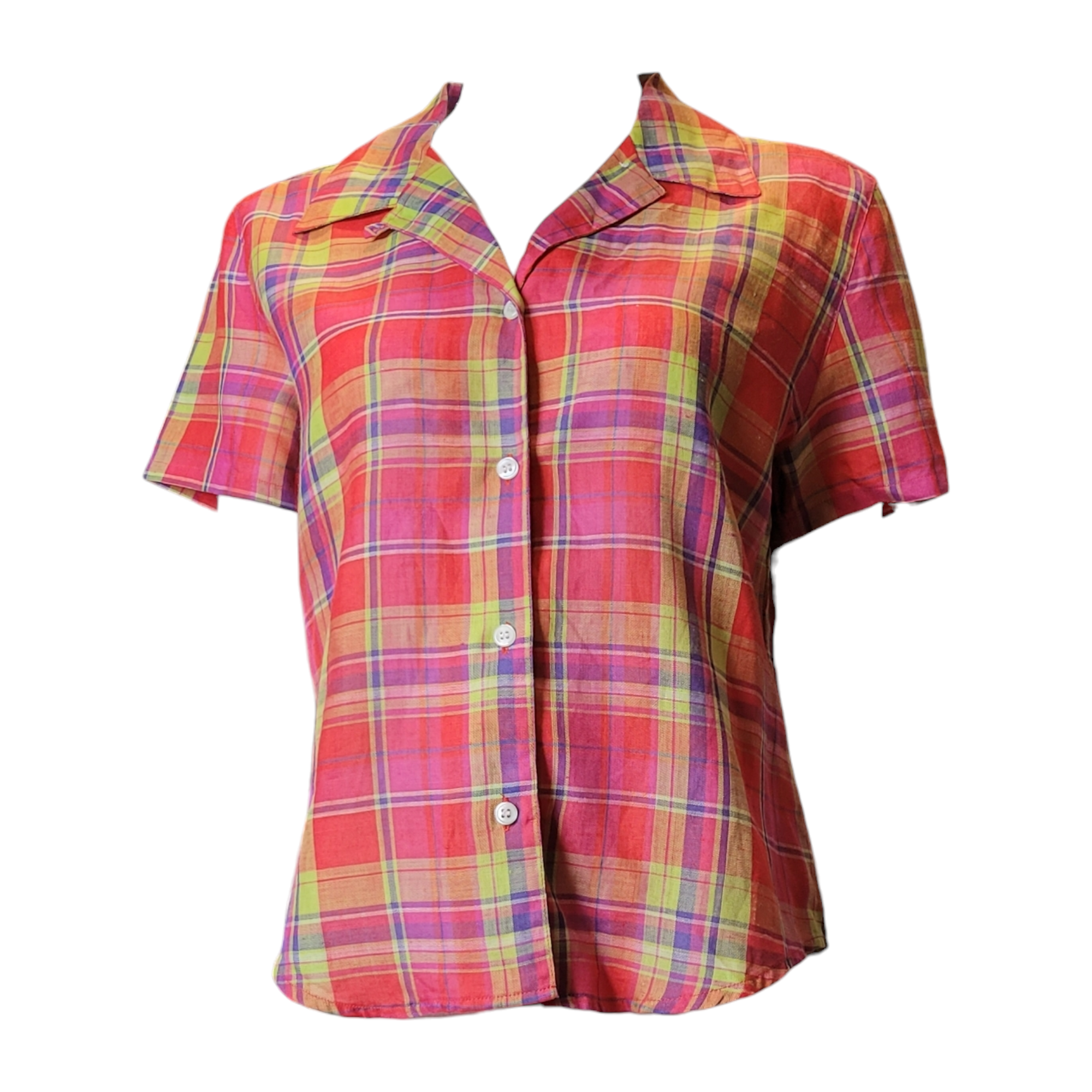 90s Vintage Madras Silk & Linen Plaid Camp Shirt Size S