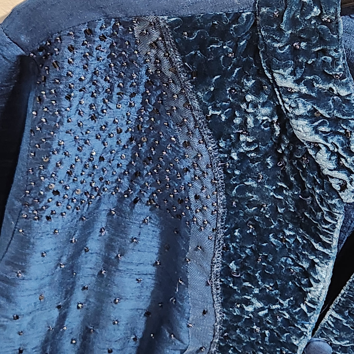 Chico's Blue 100% Silk Beaded Velvet-Trim Jacket Size 2