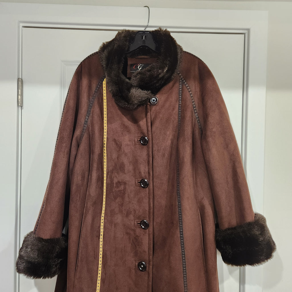 Gallery Collection Vintage Brown Suede Long Coat with Faux Fur Collar & Cuffs – Luxe Retro Outerwear Luxury, Retro, Suede Coat, Faux Fur Coat, Long Coat, Classic Outerwear, Elegant Winter Coat, 1970s–1990s Vintage Gen X Style Size 1X