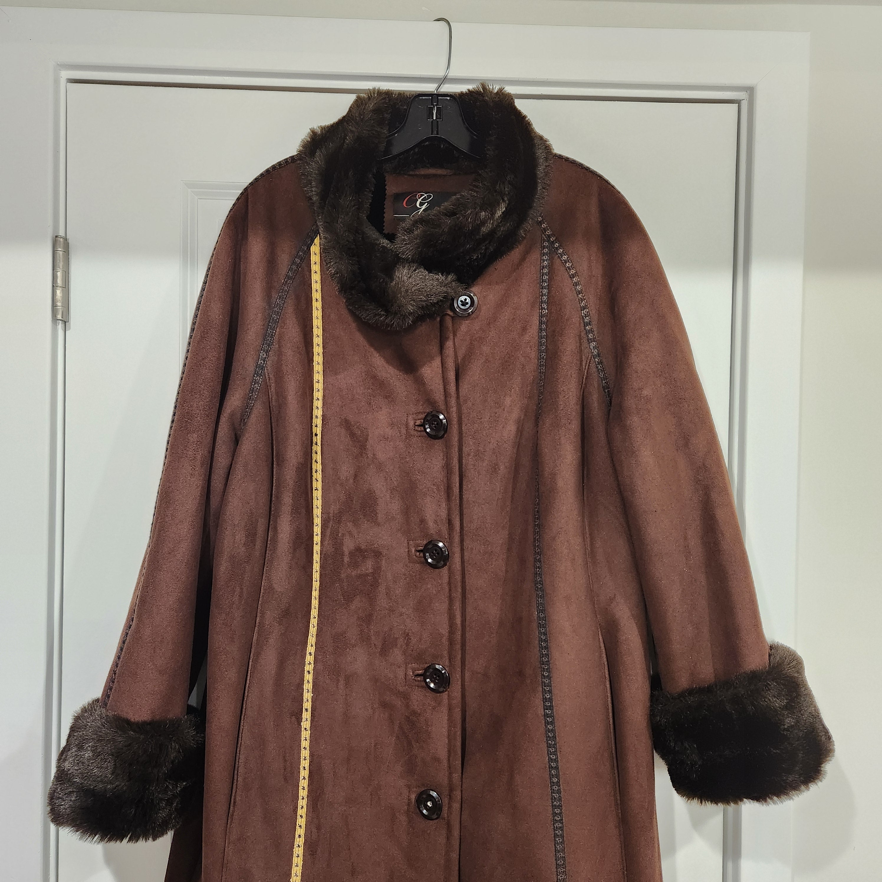 Gallery Collection Vintage Brown Suede Long Coat with Faux Fur Collar & Cuffs – Luxe Retro Outerwear Luxury, Retro, Suede Coat, Faux Fur Coat, Long Coat, Classic Outerwear, Elegant Winter Coat, 1970s–1990s Vintage Gen X Style Size 1X