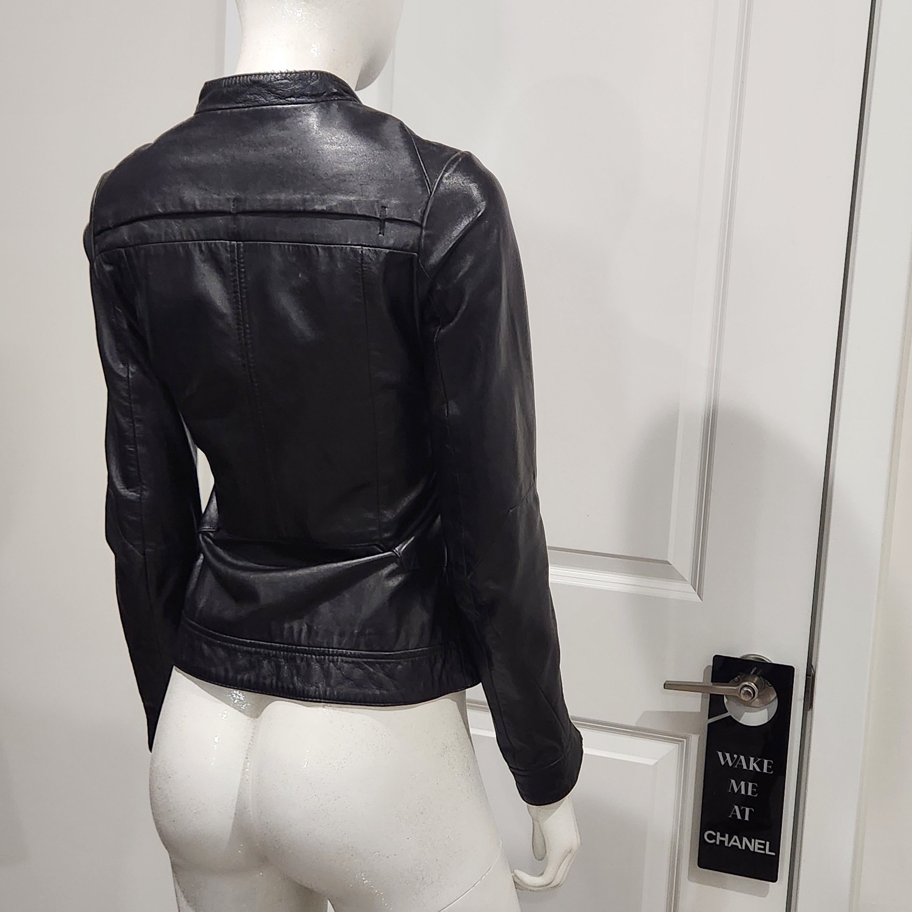G-Star Raw Black Leather Moto Jacket – Fitted Minimalist Zip Style | Size XS
