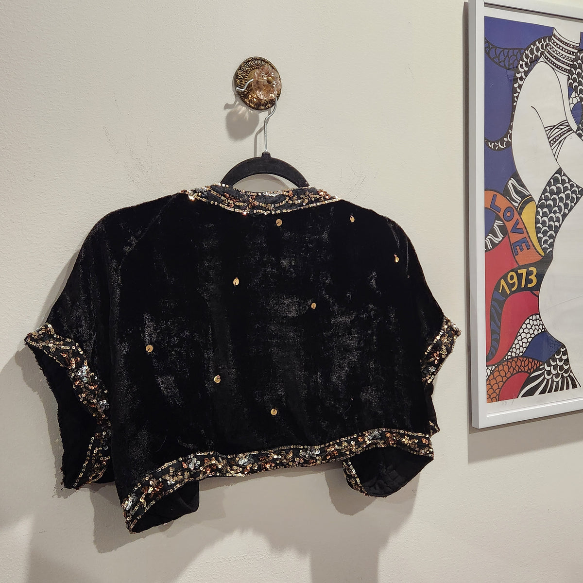 Flashback Black Velvet Sequin-Trim Cropped Evening Jacket XL