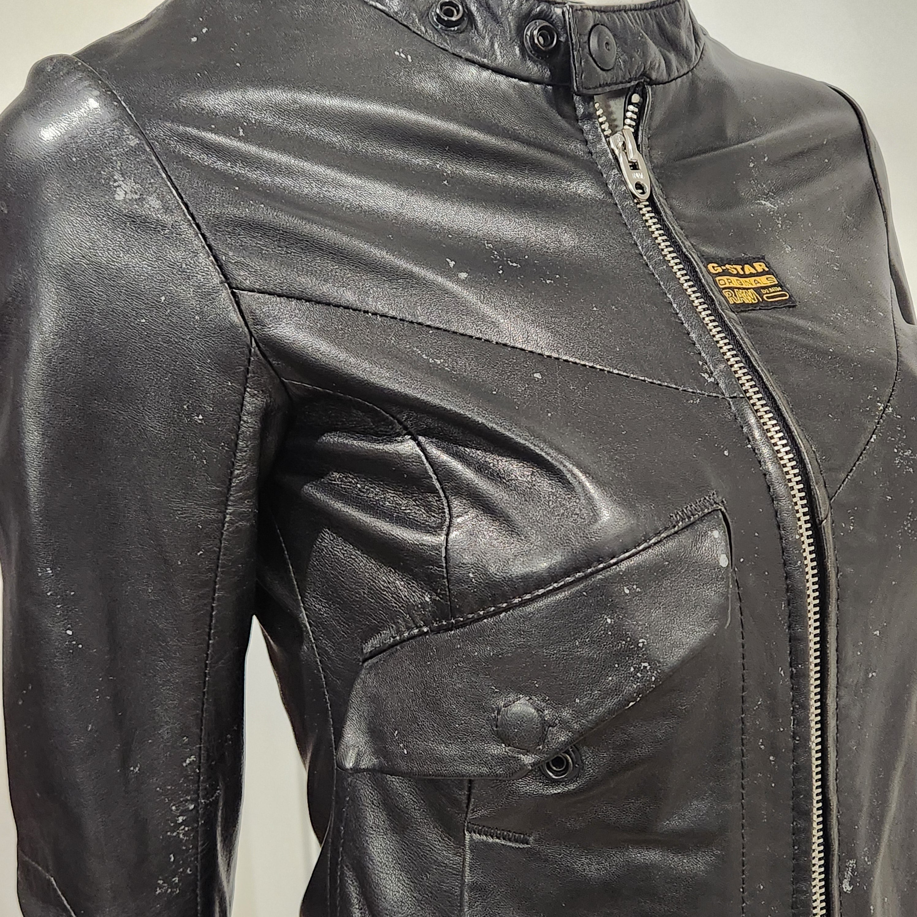 G-Star Raw Black Leather Moto Jacket – Fitted Minimalist Zip Style | Size XS