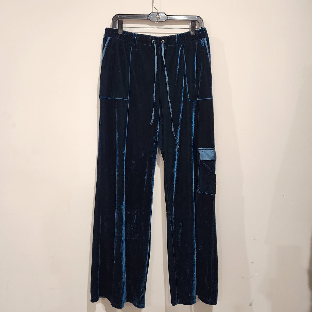 Midnight Blue Velvet Wide-Leg Cargo Pants