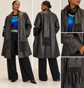 Jeannette Andrall Vintage Black Leather A-Line Coat with Attached Fringed Scarf