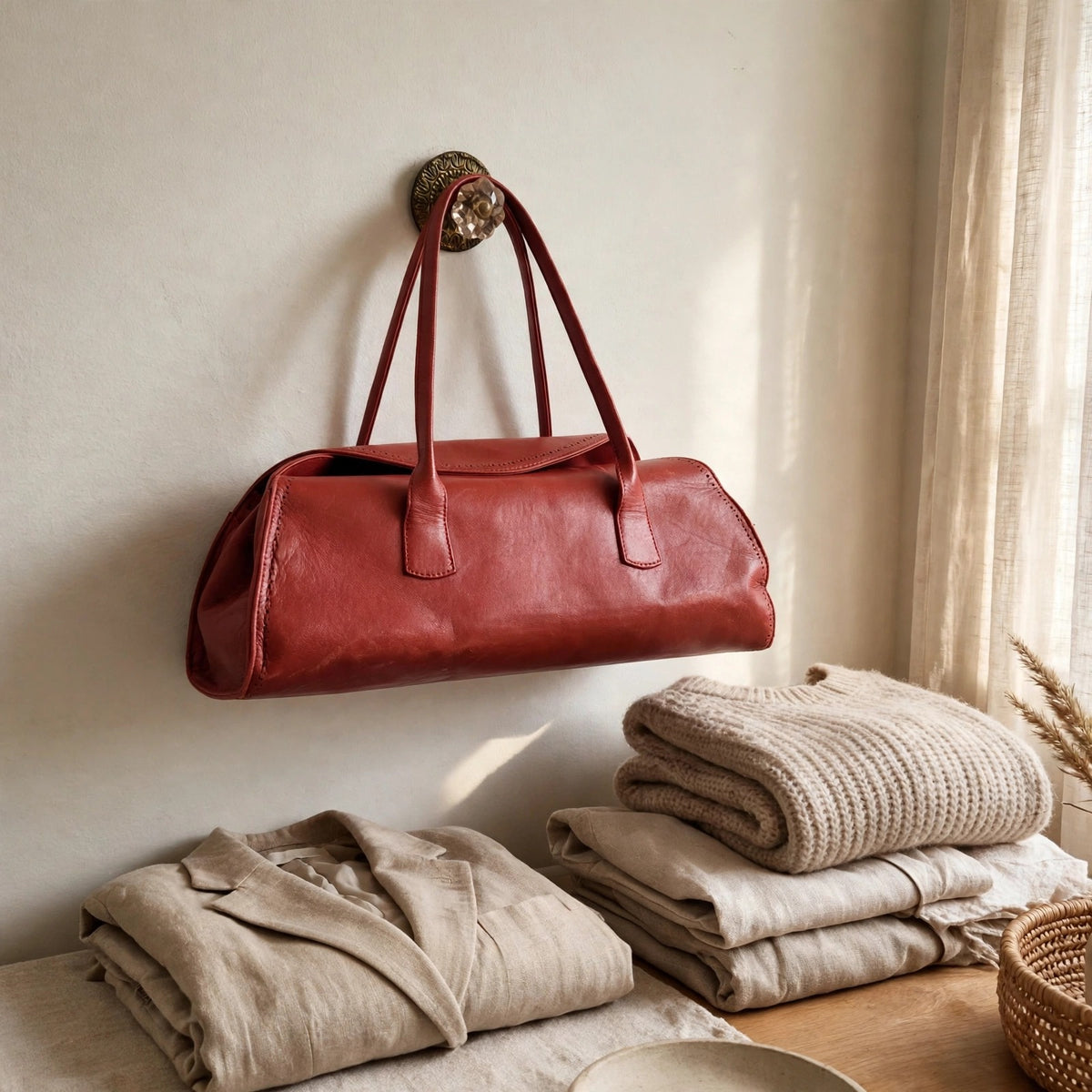 Editorial style shot of vintage Robinson Valentine brick-red leather barrel shoulder bag in a warm neutral interior with folded cashmere and relaxed tailoring