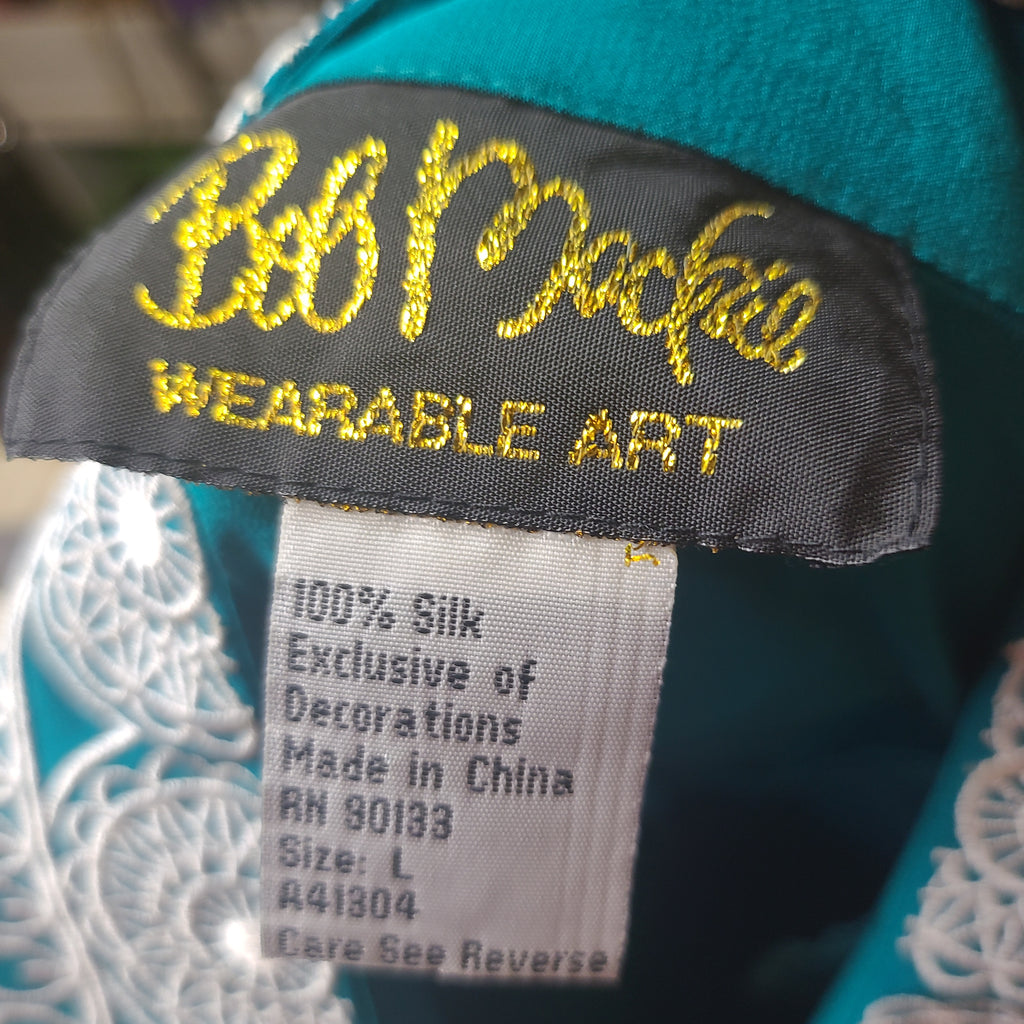 Bob Mackie Embroidered Lace Trim Silk Blouse Size Large