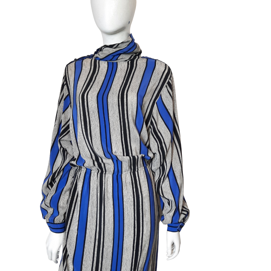 Vintage Blue Silk Stripe Blousan Dress Size L