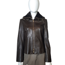 Load image into Gallery viewer, Dana Buchman Brown Leather Beaver Collar  Double Zip Jacket Sz 4
