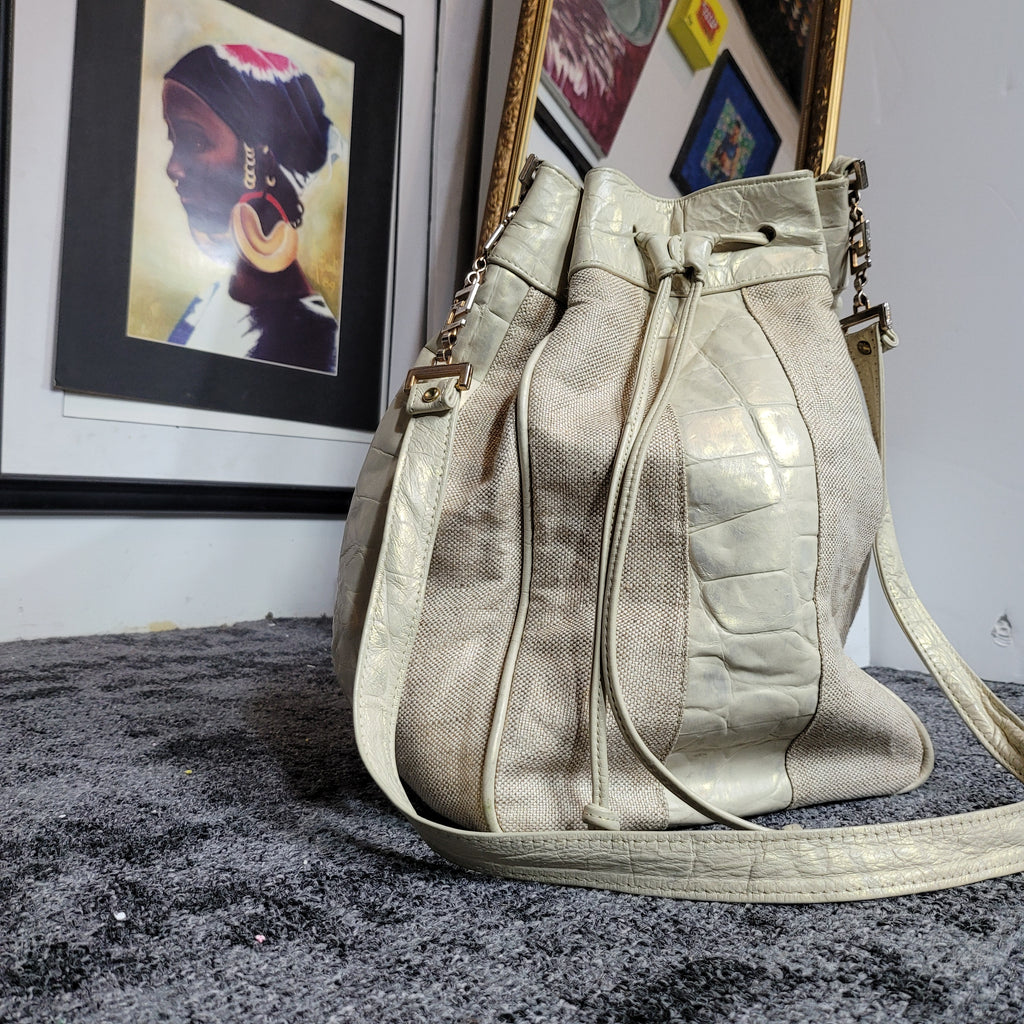 Vintage Leather and Canvas Drawstring Bucket Bag