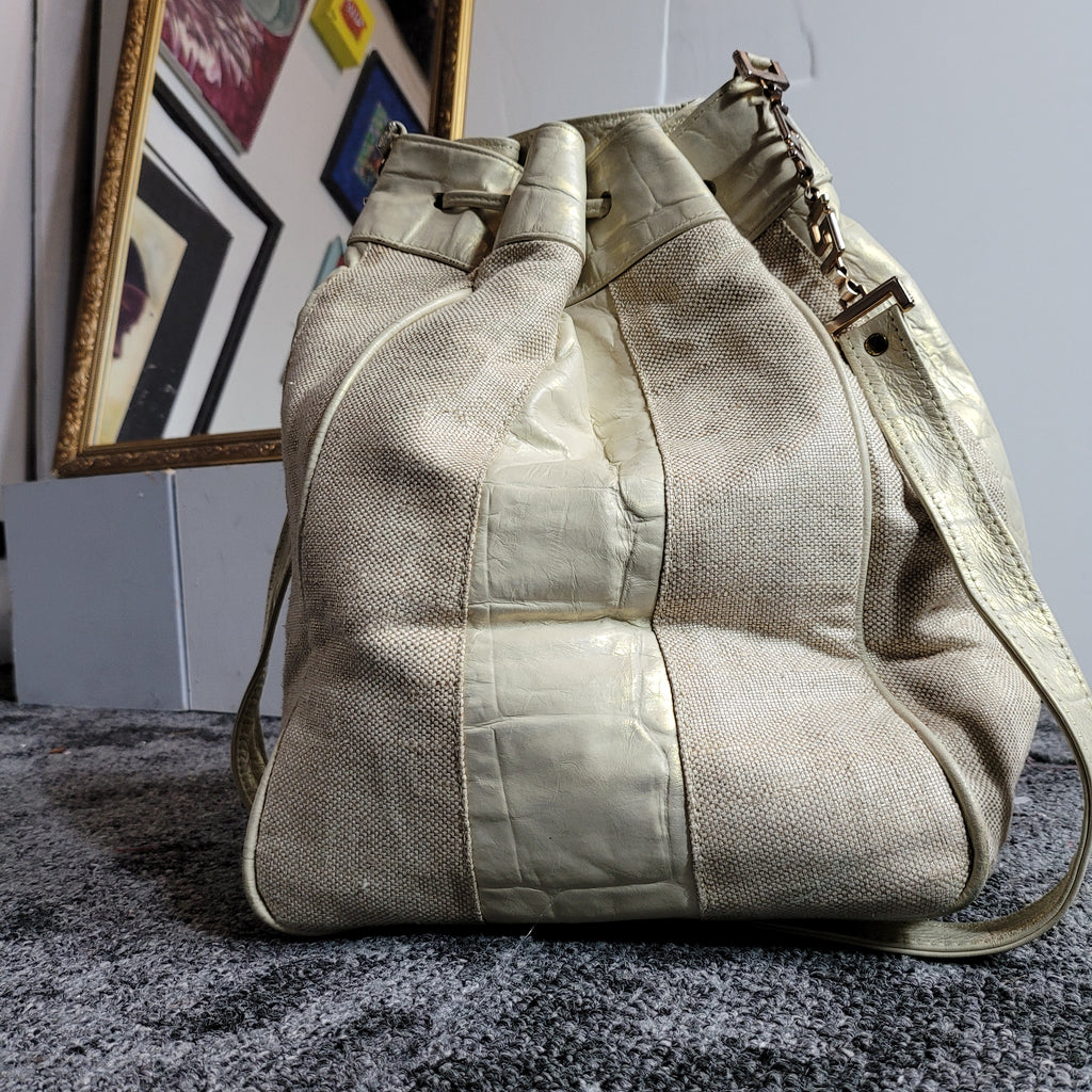 Vintage Leather and Canvas Drawstring Bucket Bag