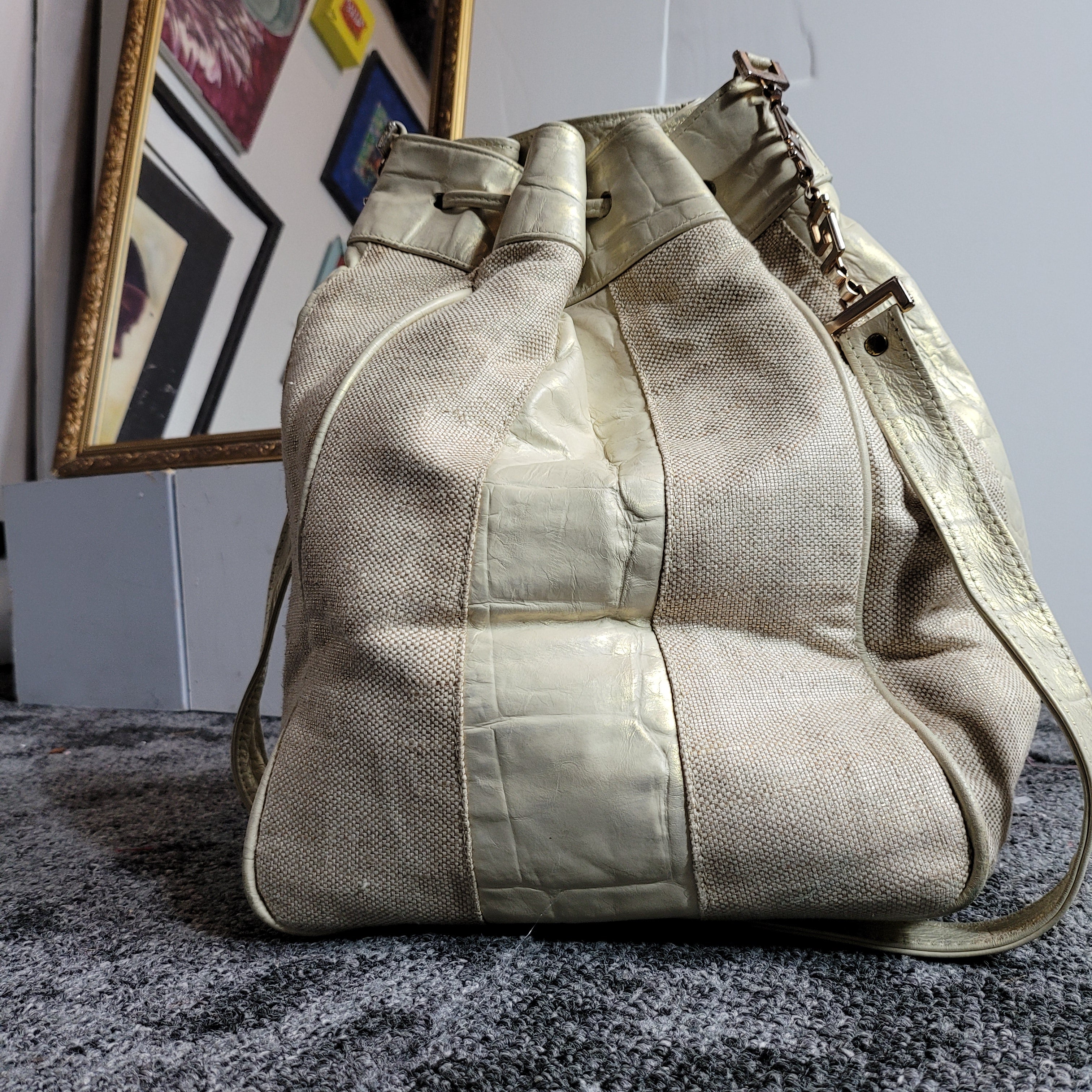 Vintage Leather and Canvas Drawstring Bucket Bag