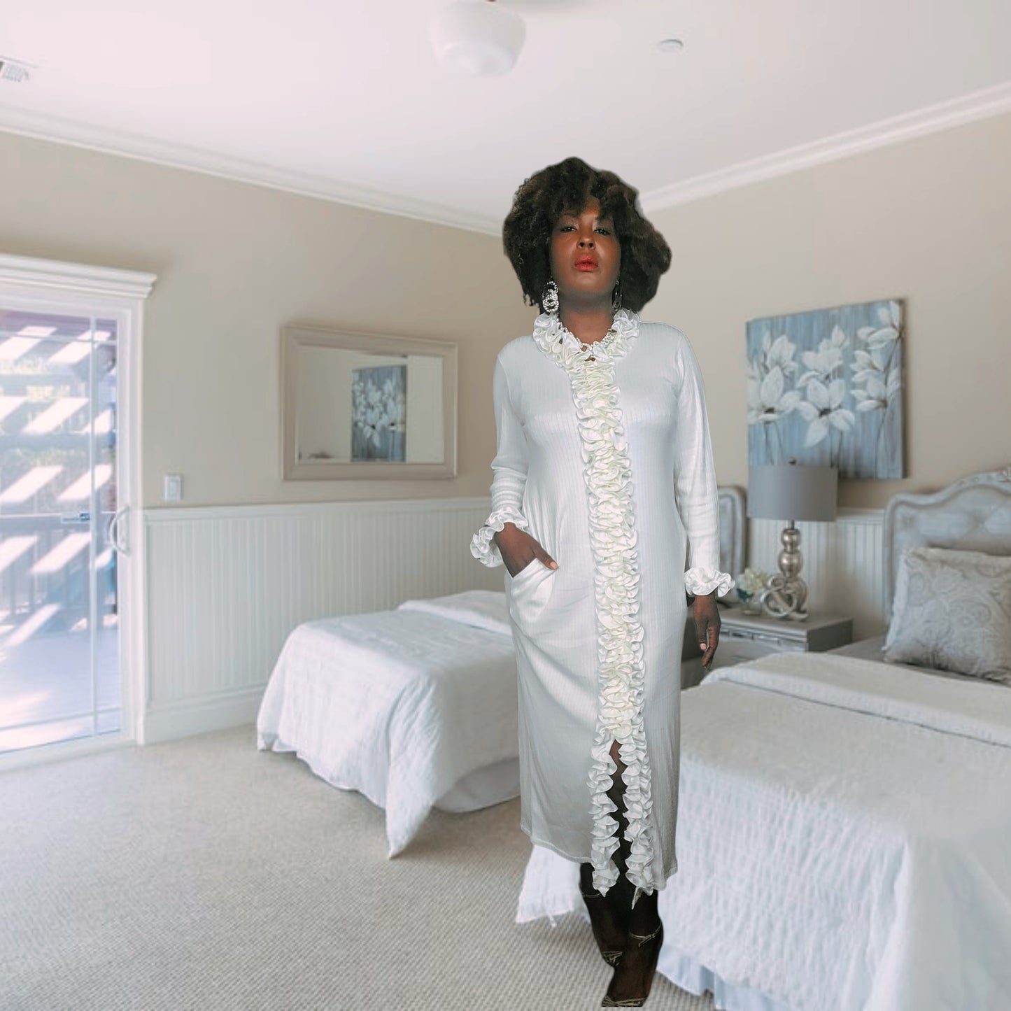 Maria Scotto Ribbed Ruffled Robe Dress Size M/L