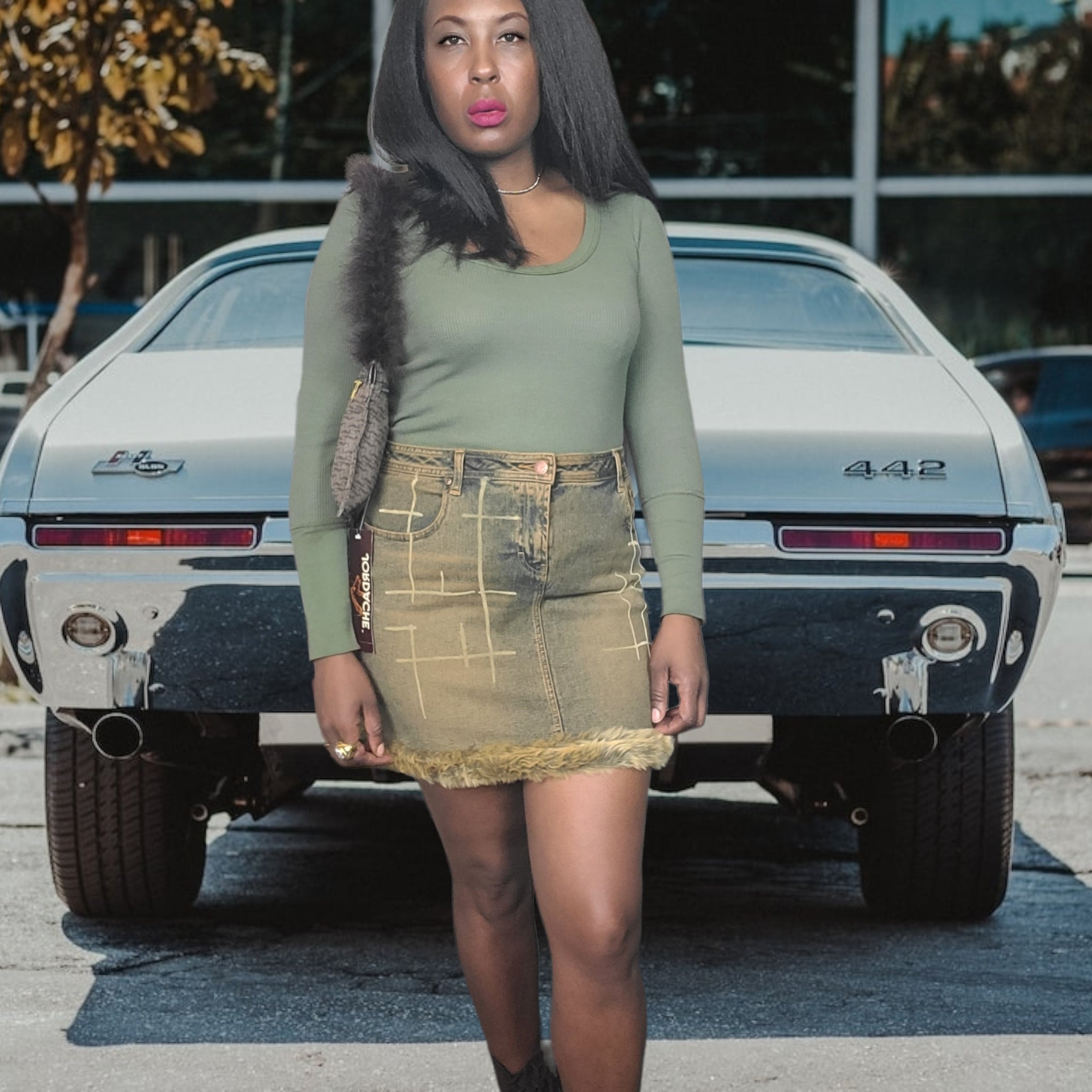 80s Vintage Denim Skirts Jordache Jeans Skirt, Fur Trimmed Size L