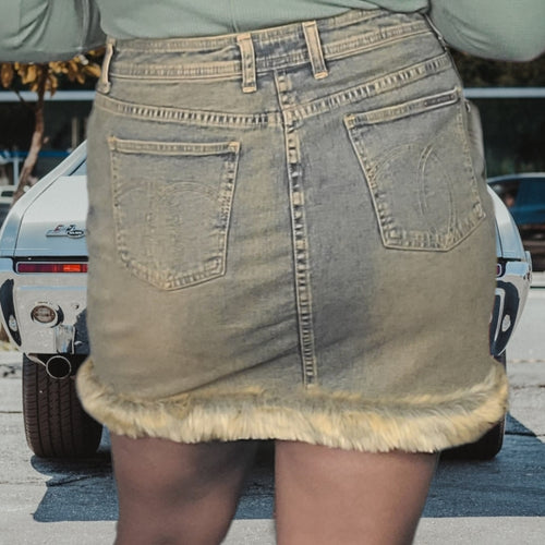 80s Vintage Denim Skirts Jordache Jeans Skirt, Fur Trimmed Size L