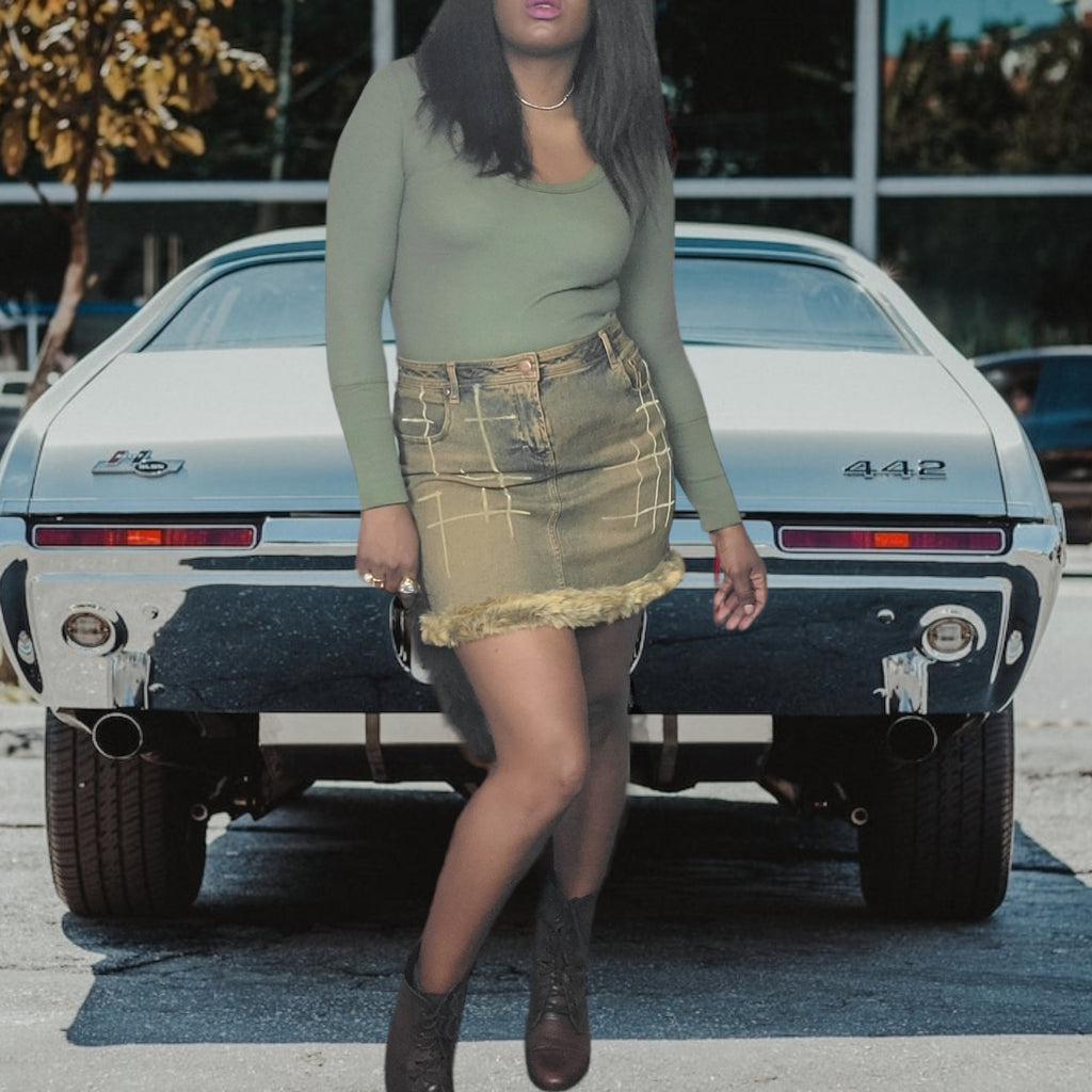 80s Vintage Denim Skirts Jordache Jeans Skirt, Fur Trimmed Size L