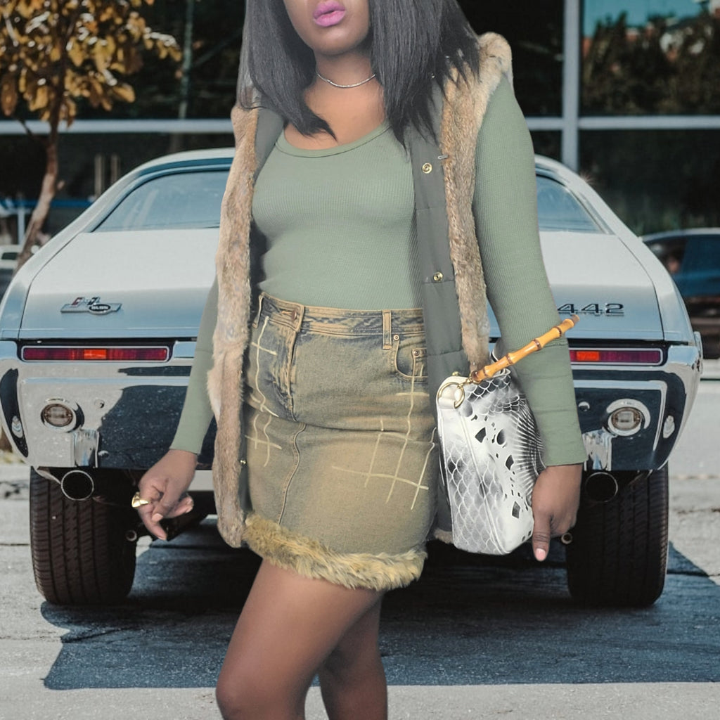 80s Vintage Denim Skirts Jordache Jeans Skirt, Fur Trimmed Size L