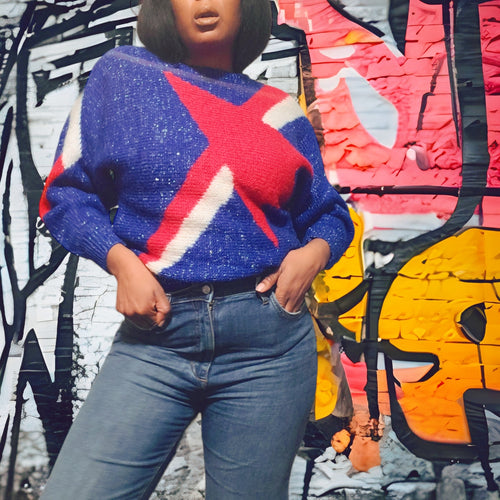 80s Vintage Style VI Ltd Blue Red and White Vintage Lurex Sweaters Shop Vintage Clothing Online Vintage Shop Lucille Golden Vintage